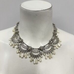 Barrera Silver Metal Pearl & White Jet Dangling Necklace Needs TLC